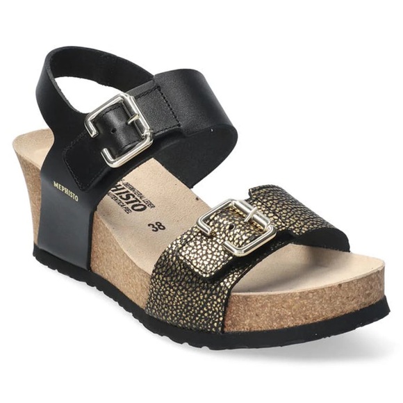 Mephisto 39 Black Gold Lissandra Smooth Printed Leather Wedge Sandals - Picture 1 of 8